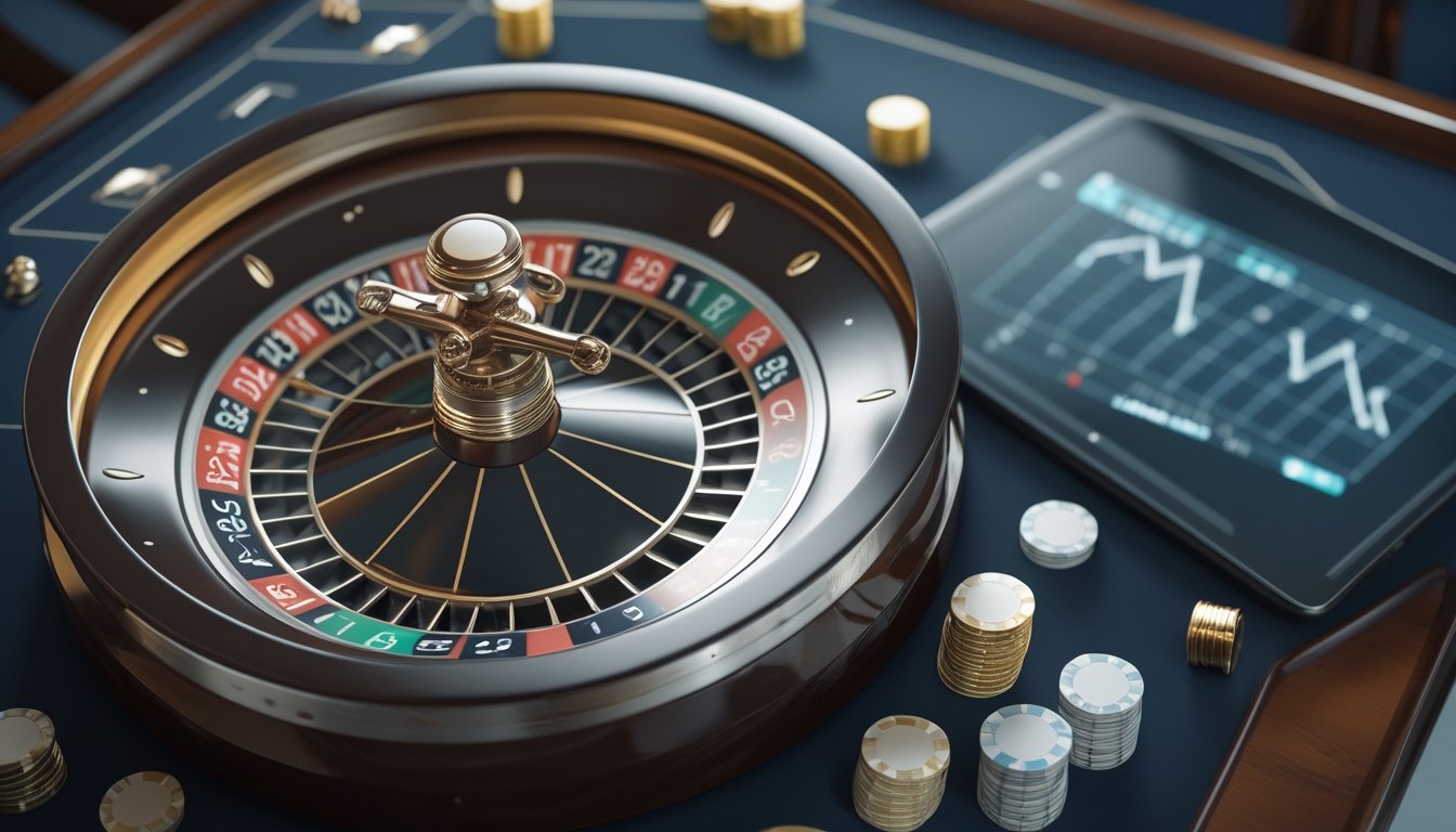 Bola roulette bergerak di atas roda roulette, dengan keping kasino dan grafik statistik di latar belakang.