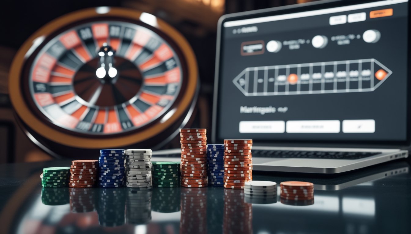 Roda roulette dan dua susunan keping taruhan dengan pola kenaikan yang berbeda.