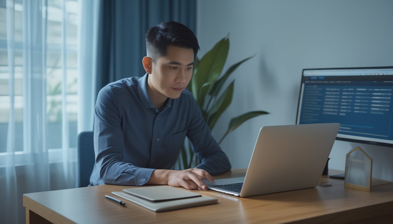 Seorang dewasa meninjau laptop dan dokumen di meja kerja.