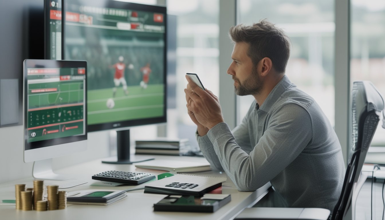 Seorang pria mengatur uang dan mencatat rencana sambil menonton pertandingan sepak bola.