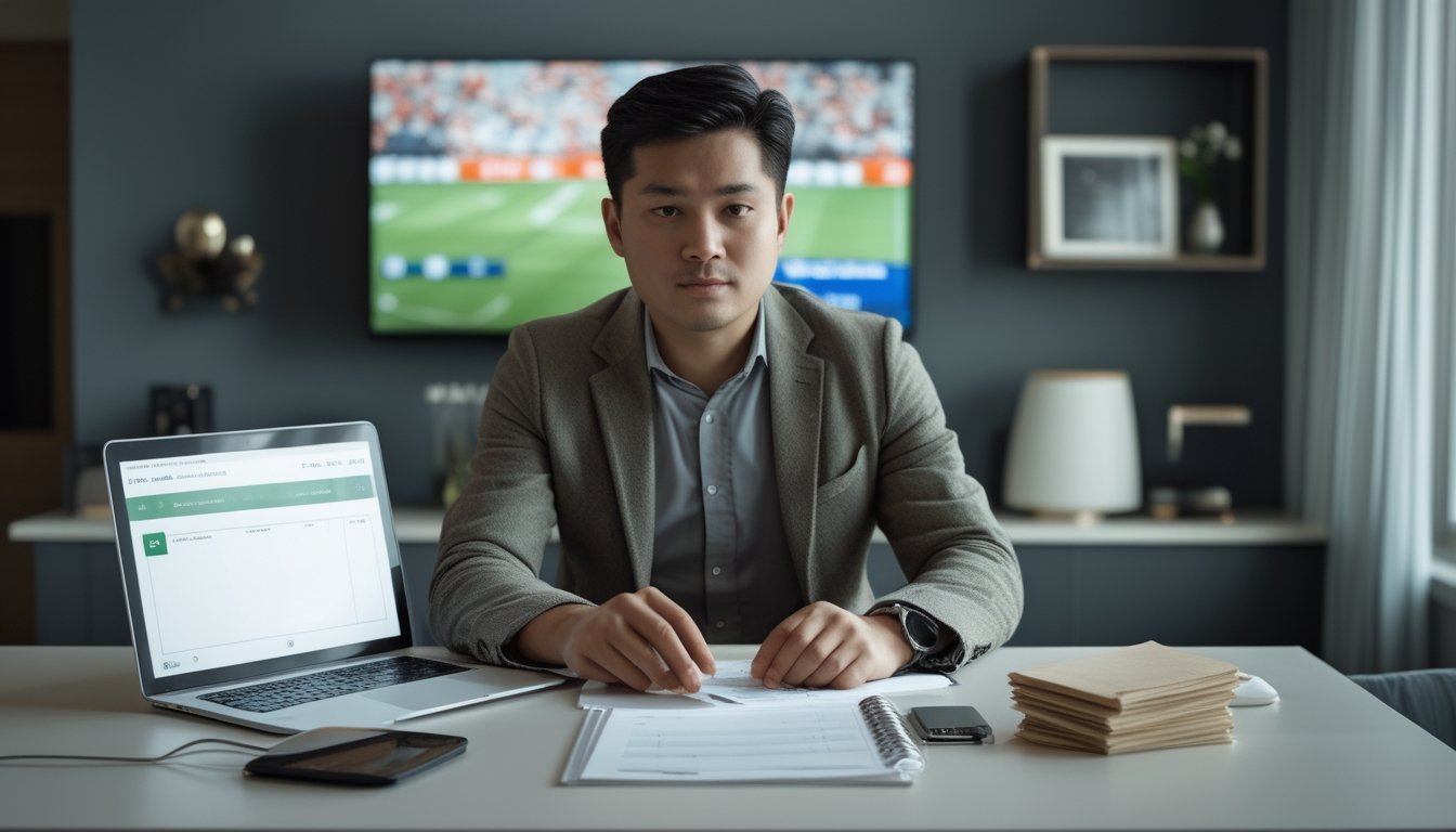 Seorang pria meninjau rencana keuangan di meja, dengan laptop dan pertandingan sepak bola di latar belakang.