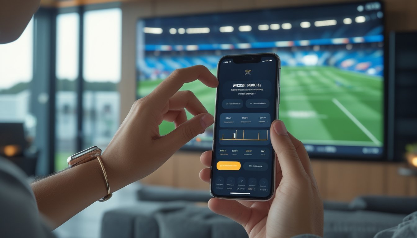 Seseorang menggunakan ponsel untuk melihat aplikasi olahraga sambil menonton pertandingan sepak bola.