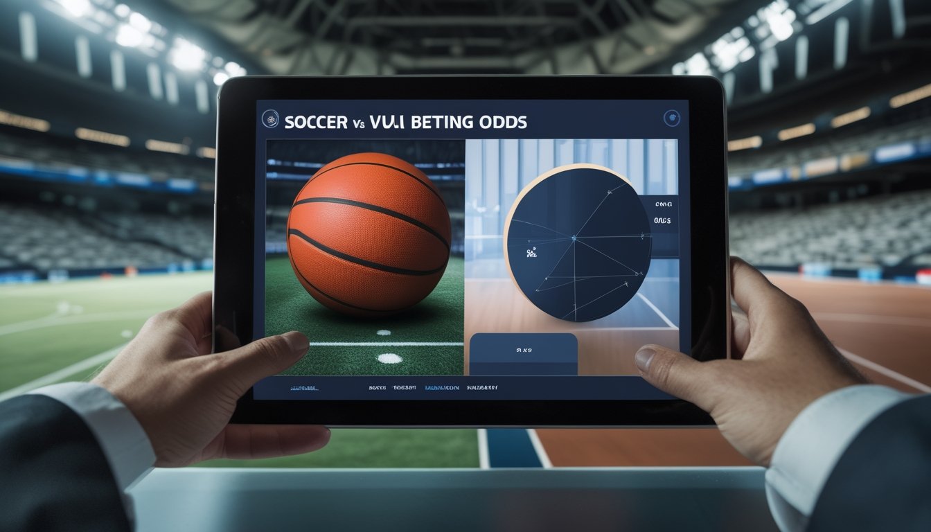 Seseorang membandingkan analisis pertandingan sepak bola dan basket melalui tablet.