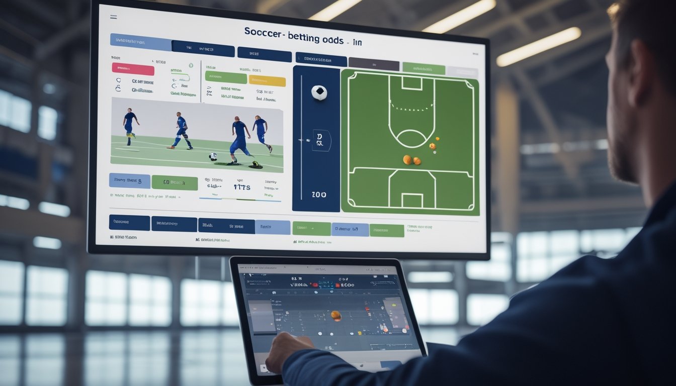 Seseorang membandingkan pertandingan sepak bola dan basket melalui grafik odds di layar.