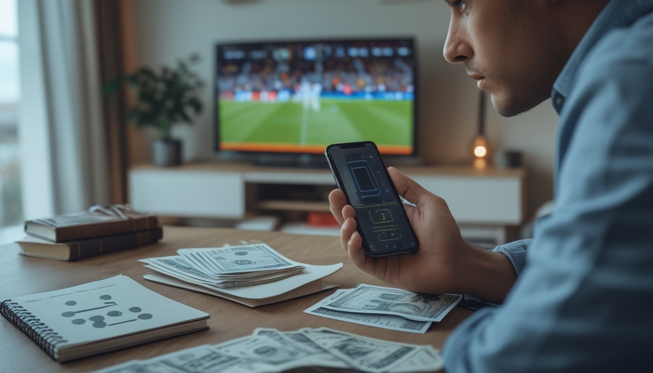 Seorang pemula memeriksa ponsel sambil menonton pertandingan sepak bola.