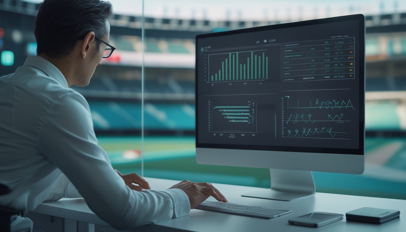 Seorang analis membandingkan grafik di laptop dengan catatan perhitungan di meja, dengan stadion olahraga di latar belakang.