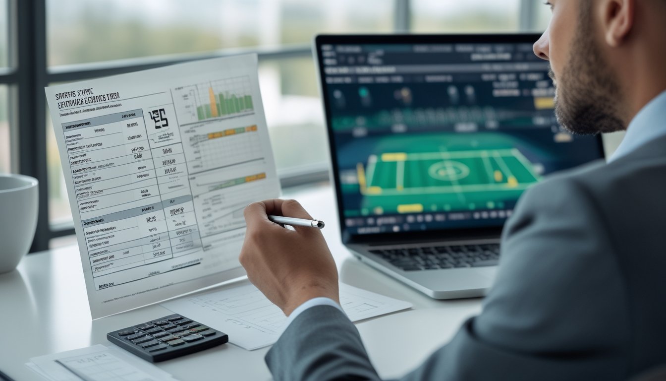 Seorang analis membandingkan statistik pertandingan di laptop dan kertas sambil menggunakan kalkulator.