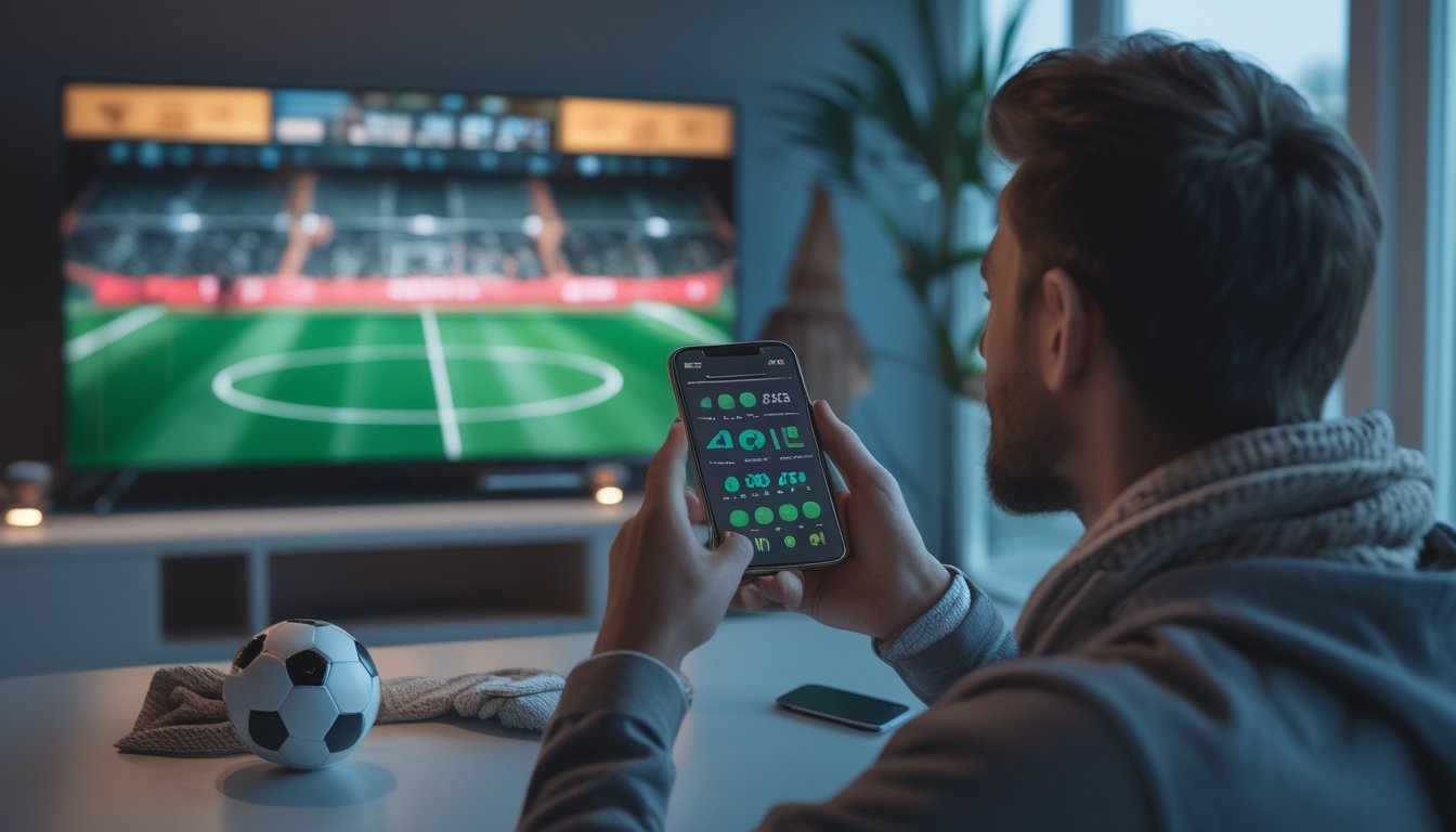 Seorang penggemar menonton pertandingan sepak bola sambil memeriksa ponsel.