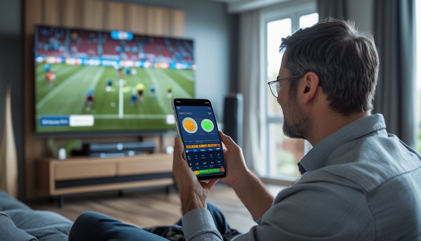 Seorang penggemar olahraga memantau pertandingan sepak bola langsung dan tampilan data pada ponsel.
