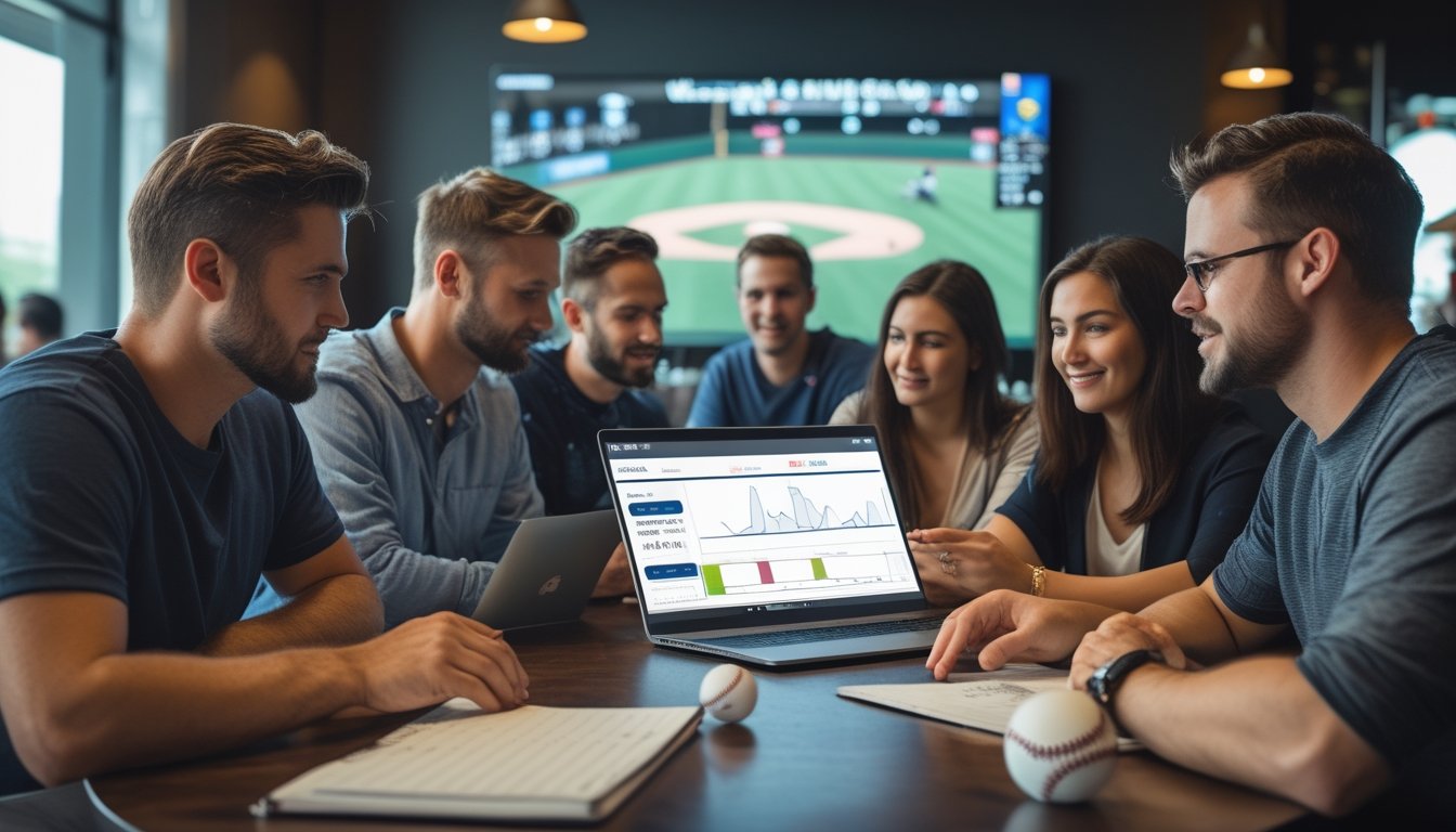 Sekelompok teman mempelajari statistik baseball sambil menonton pertandingan di layar.