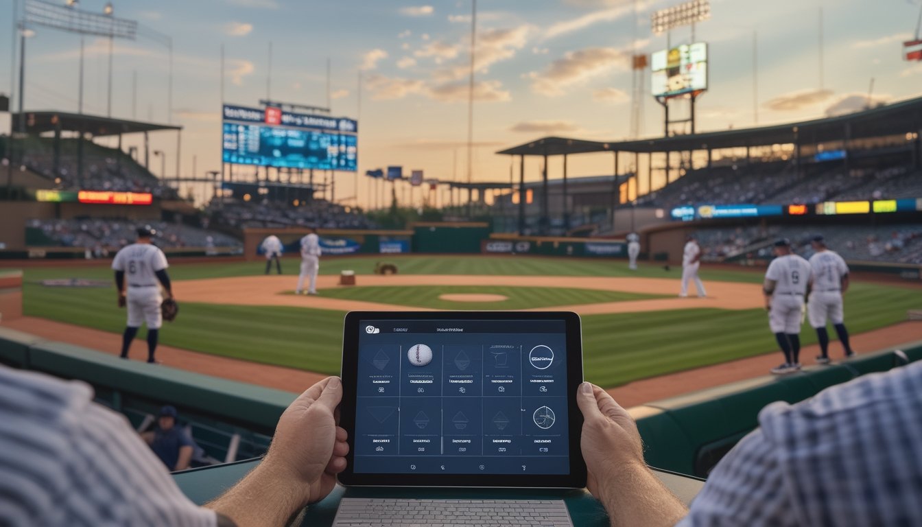 Penggemar menyaksikan pertandingan baseball sambil membahas pilihan taruhan.