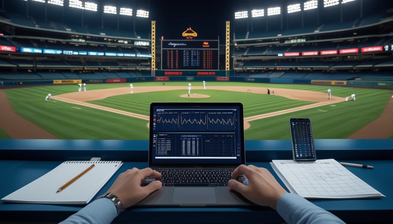 Seorang analis meninjau statistik di laptop saat pertandingan bisbol berlangsung di stadion.