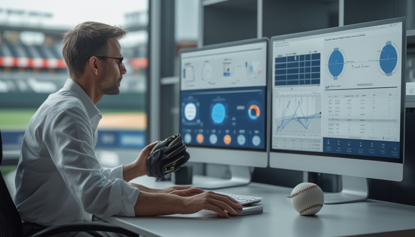 Seorang analis mempelajari grafik statistik pitcher baseball di meja.