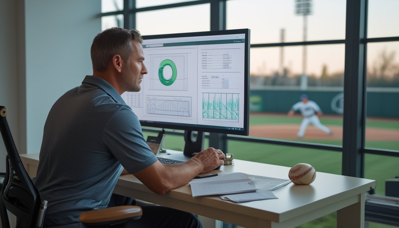 Seorang analis mempelajari grafik statistik pitcher di layar dengan perlengkapan baseball di meja.