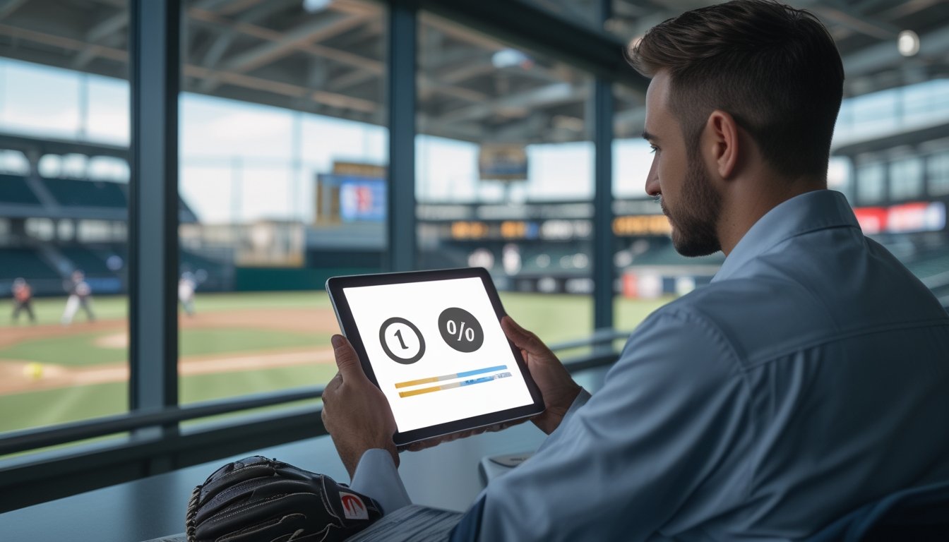 Seorang analis baseball mengamati pertandingan MLB sambil meninjau tablet.