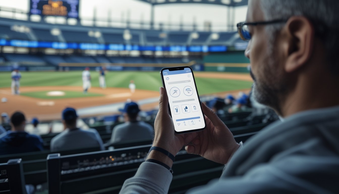 Penonton memeriksa ponsel saat pertandingan baseball berlangsung di stadion.