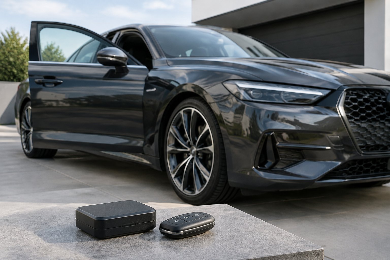 Autowatch Ghost 3 1 A dark modern car beside a small vehicle security device and key fob.