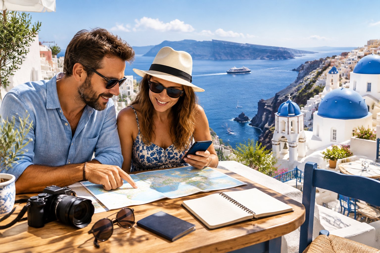 A couple plans a Greek island vacation at a seaside café overlooking Santorini.