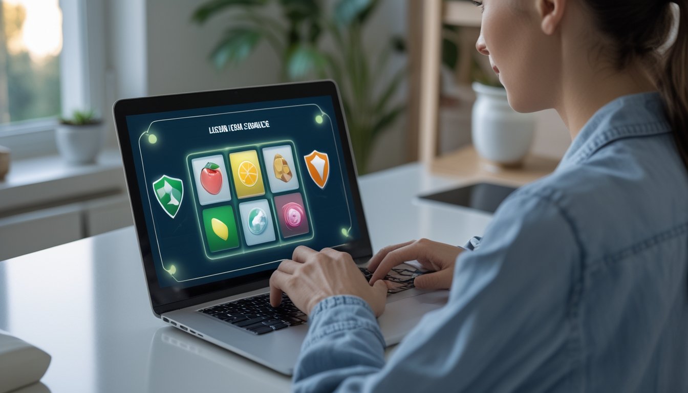 Seorang dewasa menggunakan laptop dengan permainan slot di layar.