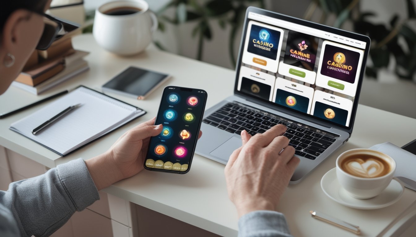 Seseorang membandingkan permainan slot di laptop dan ponsel sambil membuat catatan di meja.