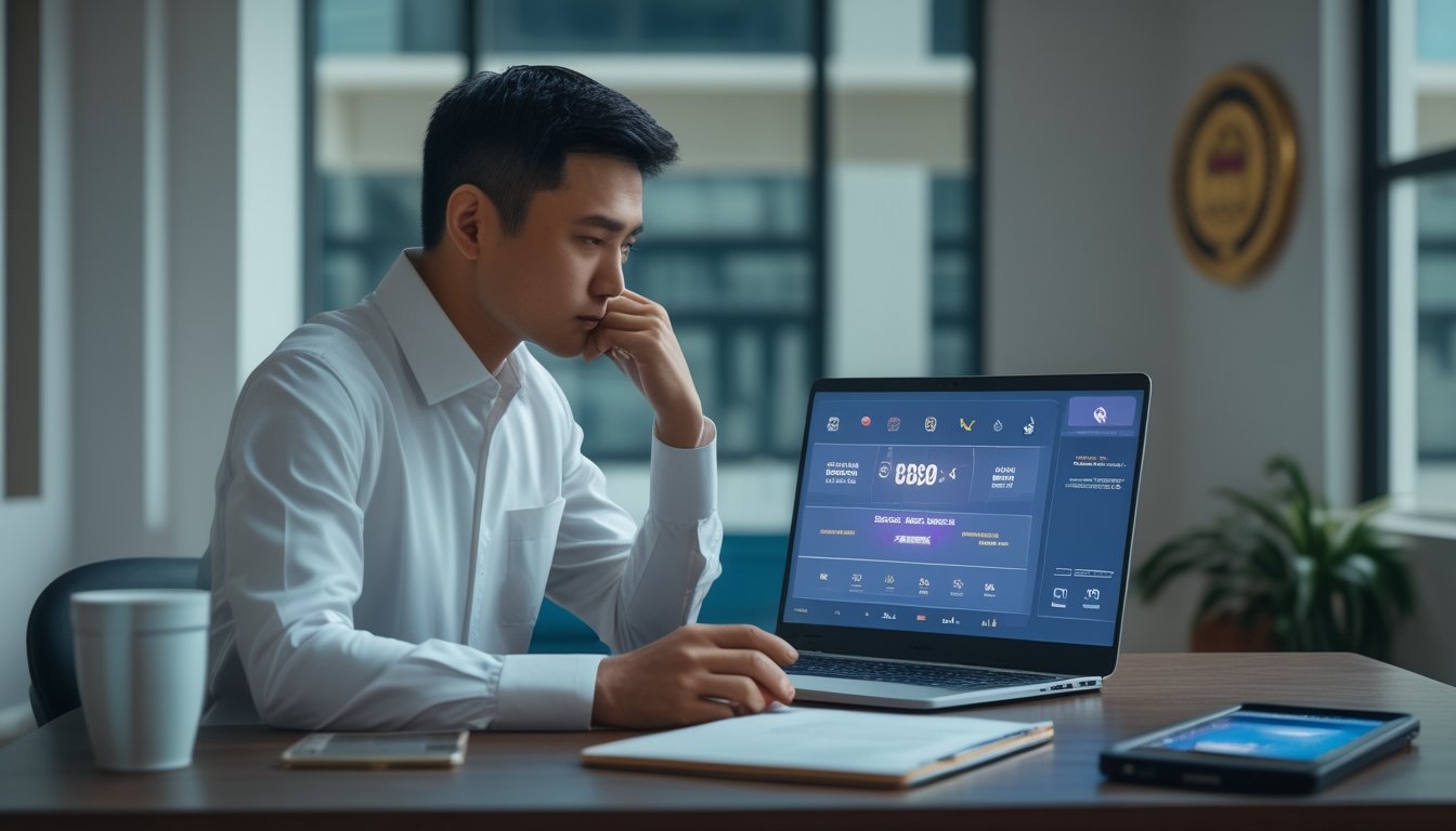 Seorang dewasa memeriksa informasi di laptop dan ponsel di meja.