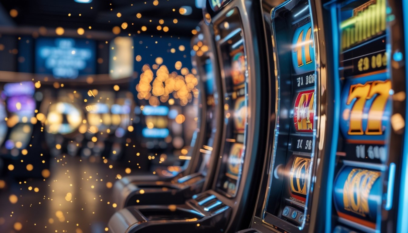 Mesin slot digital dengan gulungan yang sedang berputar dan pola cahaya abstrak di sekitarnya.