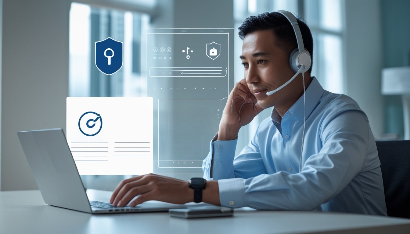 Seseorang memeriksa laptop sambil berbicara dengan petugas layanan pelanggan melalui headset.