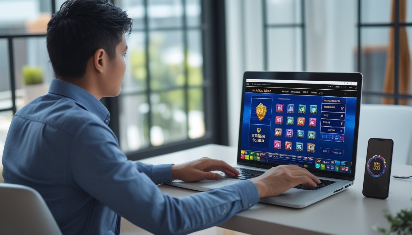 Seseorang memeriksa situs permainan slot di laptop dengan simbol keamanan pada layar.