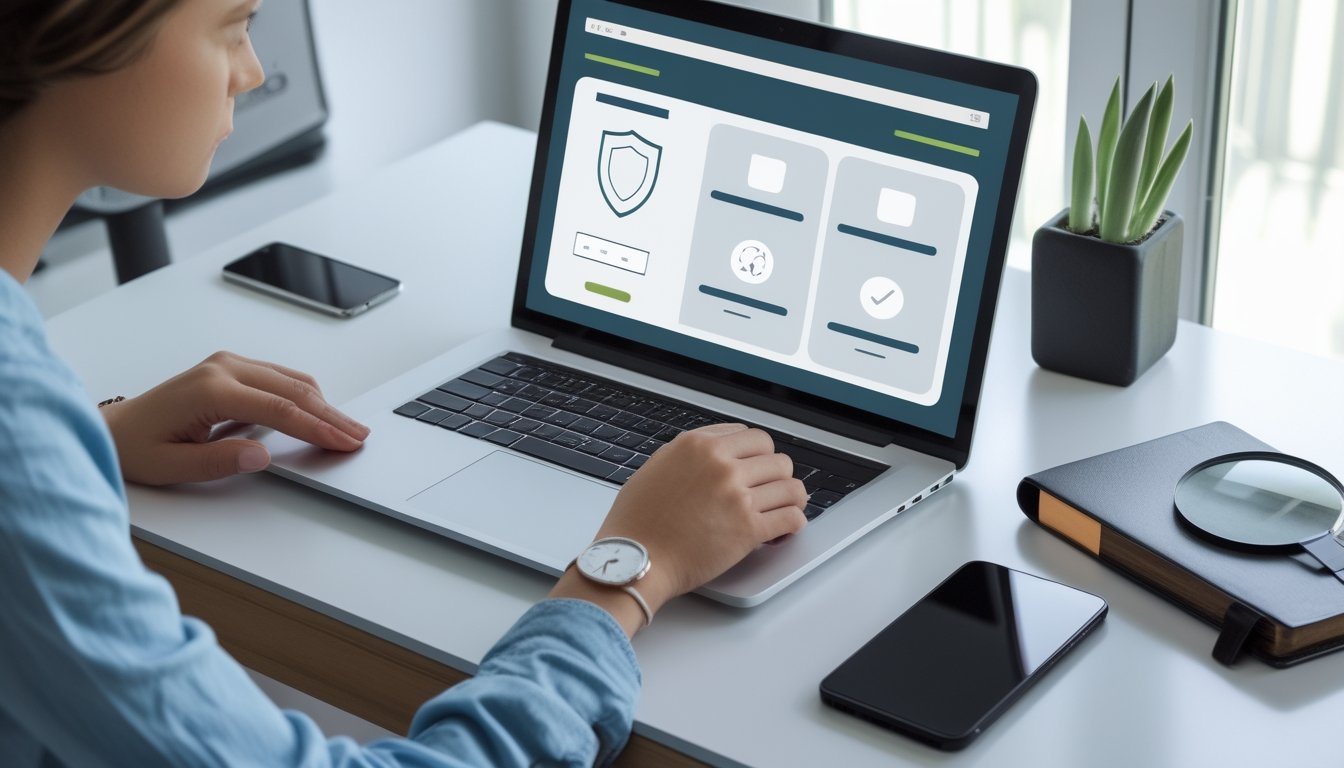 Seseorang memeriksa keamanan situs web di laptop dengan bantuan ikon perisai dan daftar periksa.