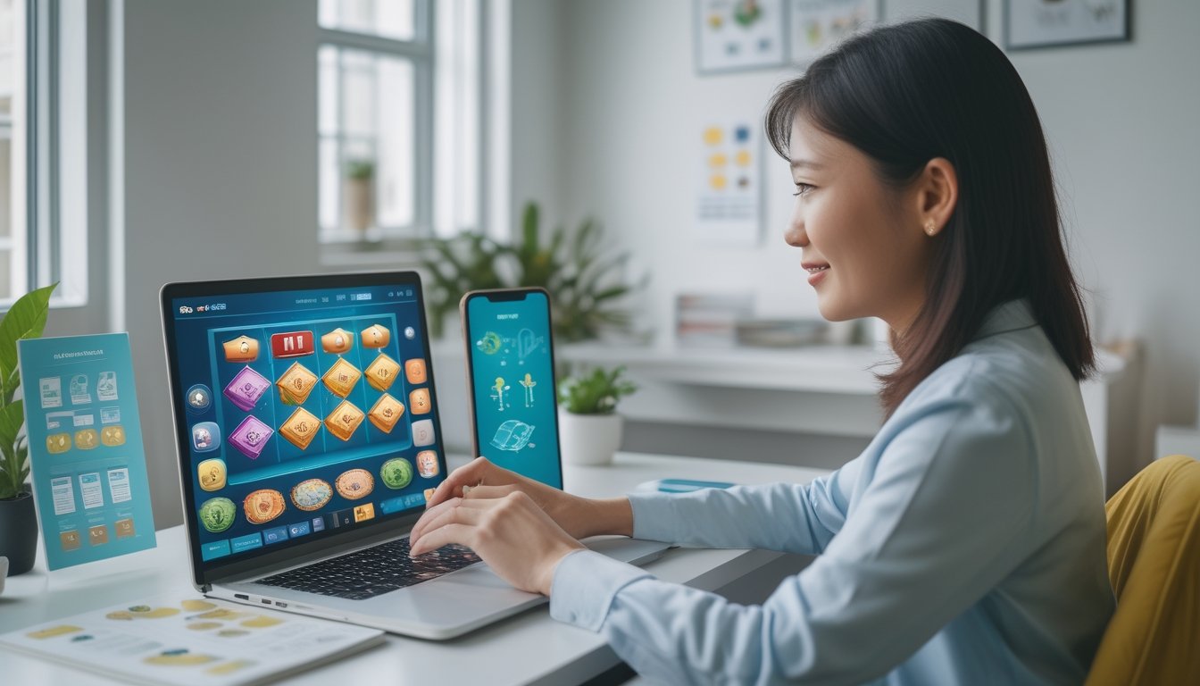 Seorang pengguna melihat permainan slot di laptop dengan ponsel dan buku catatan di meja.