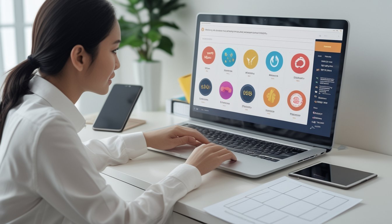Seseorang meninjau tampilan platform daring di laptop dengan daftar periksa di meja.