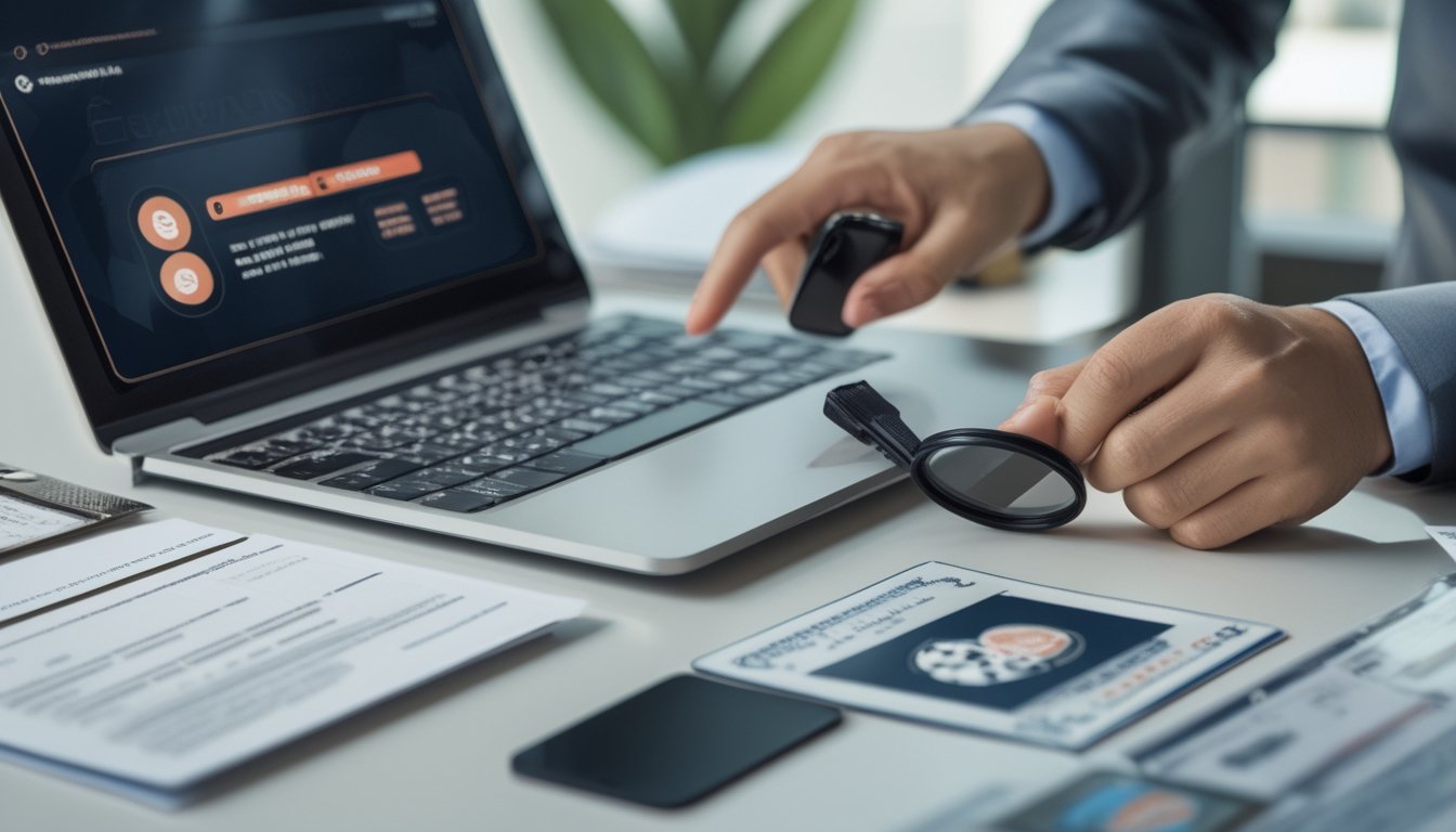 Seorang profesional memeriksa dokumen dan informasi pada laptop di meja kerja.