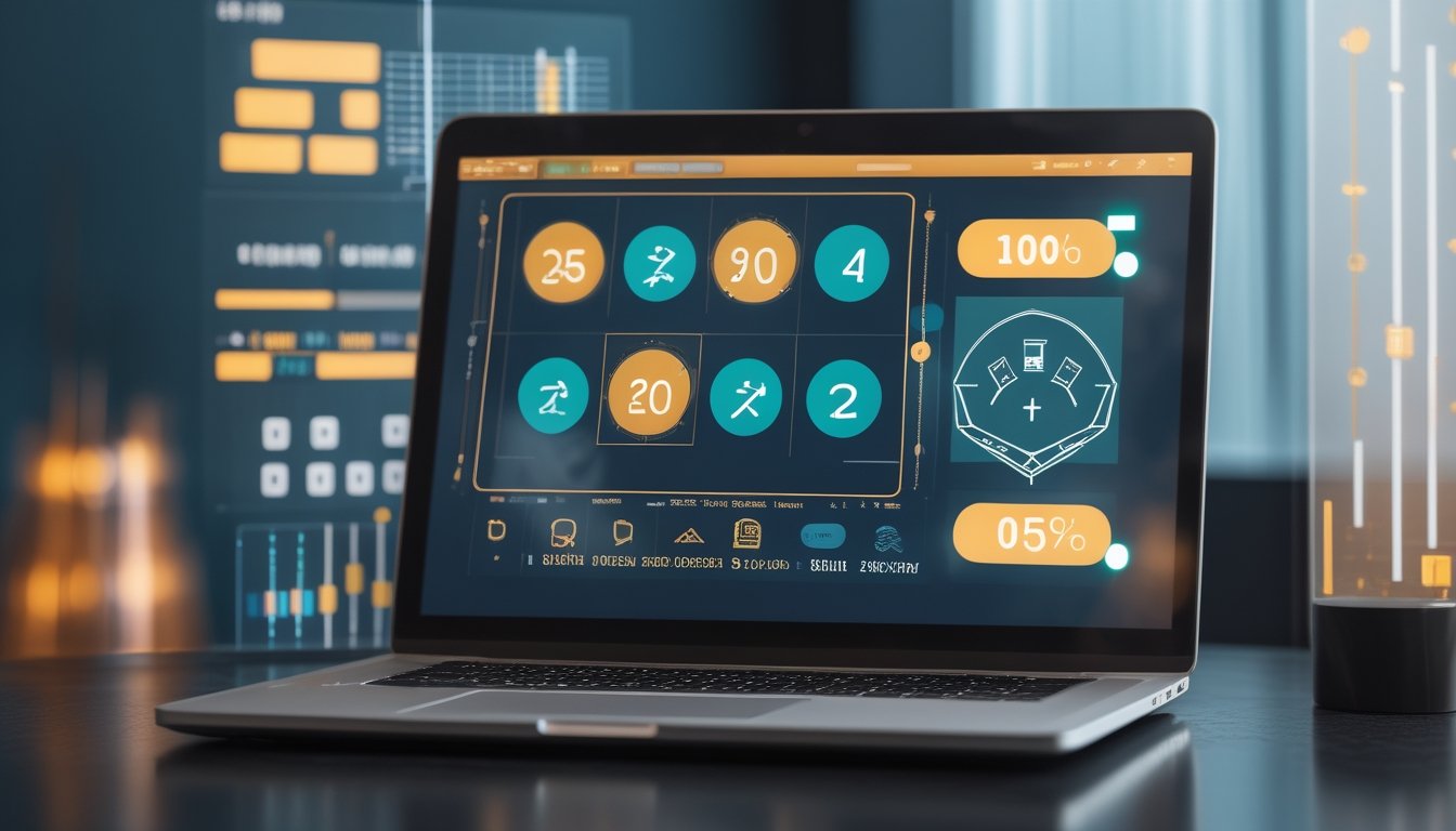Laptop menampilkan permainan slot digital dengan ikon verifikasi dan grafik transparansi.