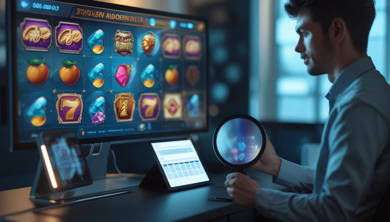 Seorang auditor memeriksa data permainan slot digital di samping monitor.