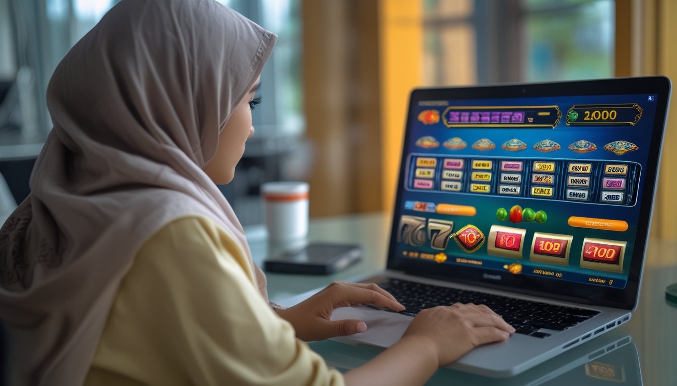 Seseorang mempelajari antarmuka permainan slot online di laptop.