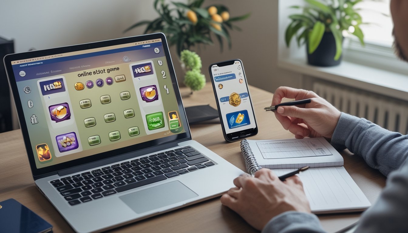 Seseorang memeriksa informasi permainan slot di laptop sambil mencatat di buku.