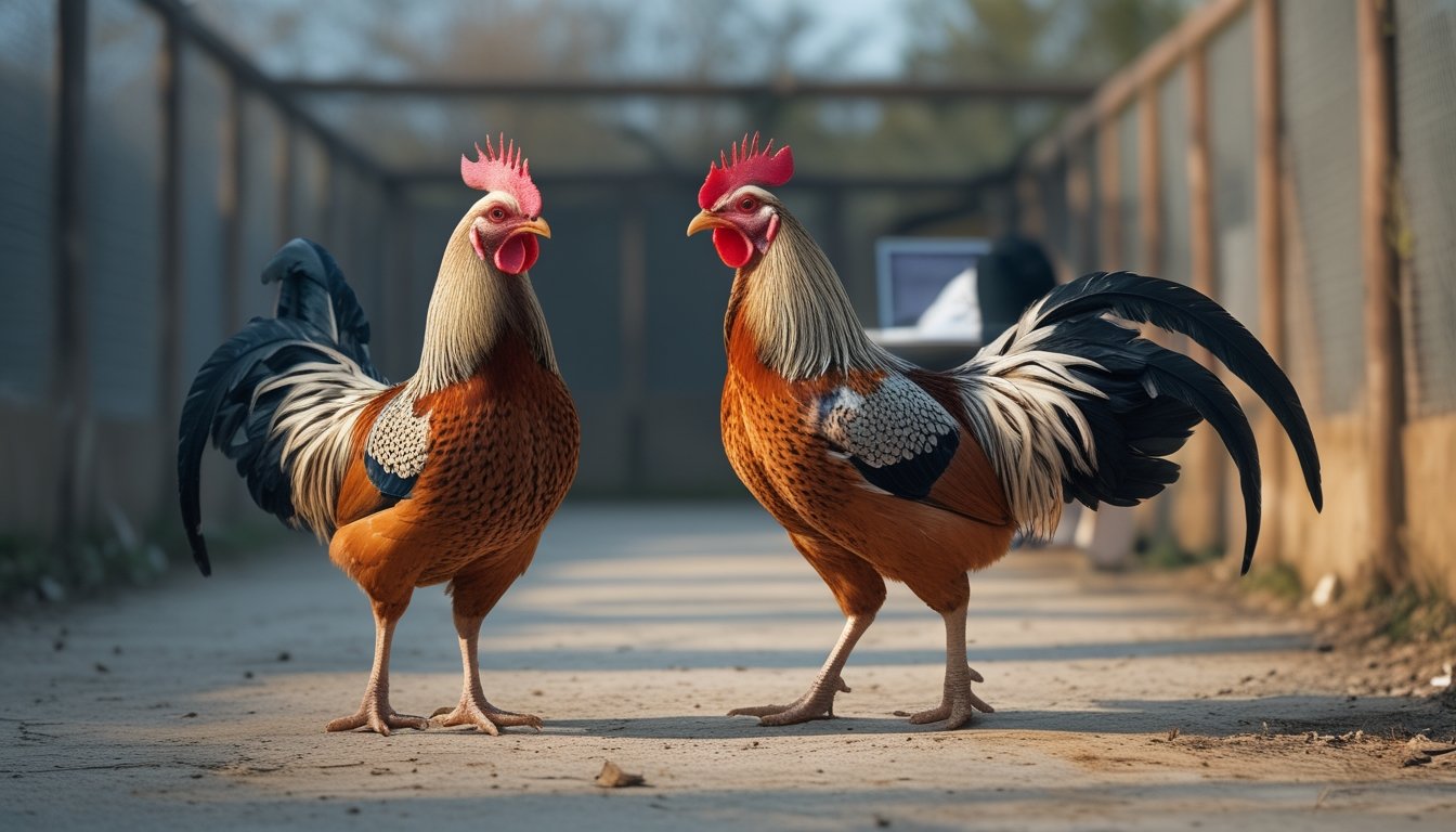 Dua ayam jantan berdiri terpisah di kandang terbuka, sementara seseorang melihat perangkat digital di latar belakang.
