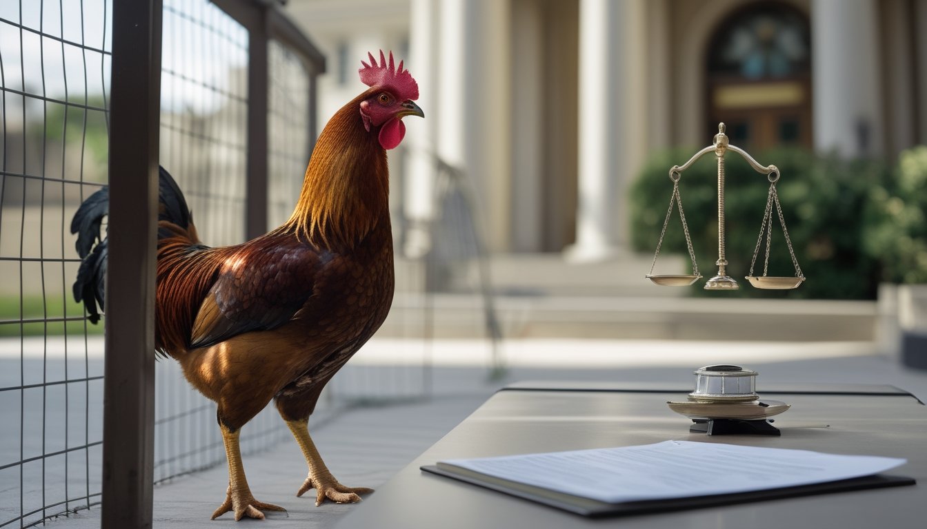 Seekor ayam jantan berdiri di dekat berkas hukum dengan gedung pengadilan di latar belakang.