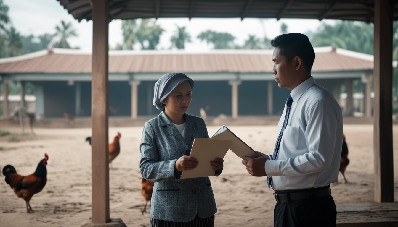 Seorang ahli hukum membahas aturan sabung ayam bersama warga di sebuah paviliun.