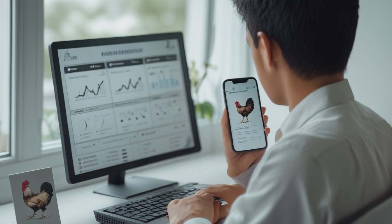 Seseorang menggunakan laptop dan ponsel di meja dengan ilustrasi ayam kecil di dekatnya.