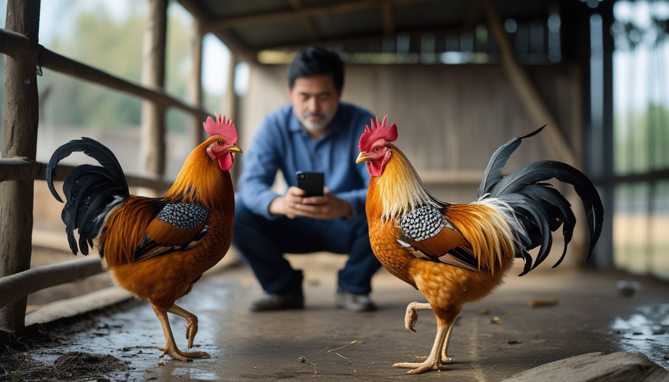 Dua ayam jantan berdiri di kandang, sementara seseorang memegang ponsel di dekatnya.