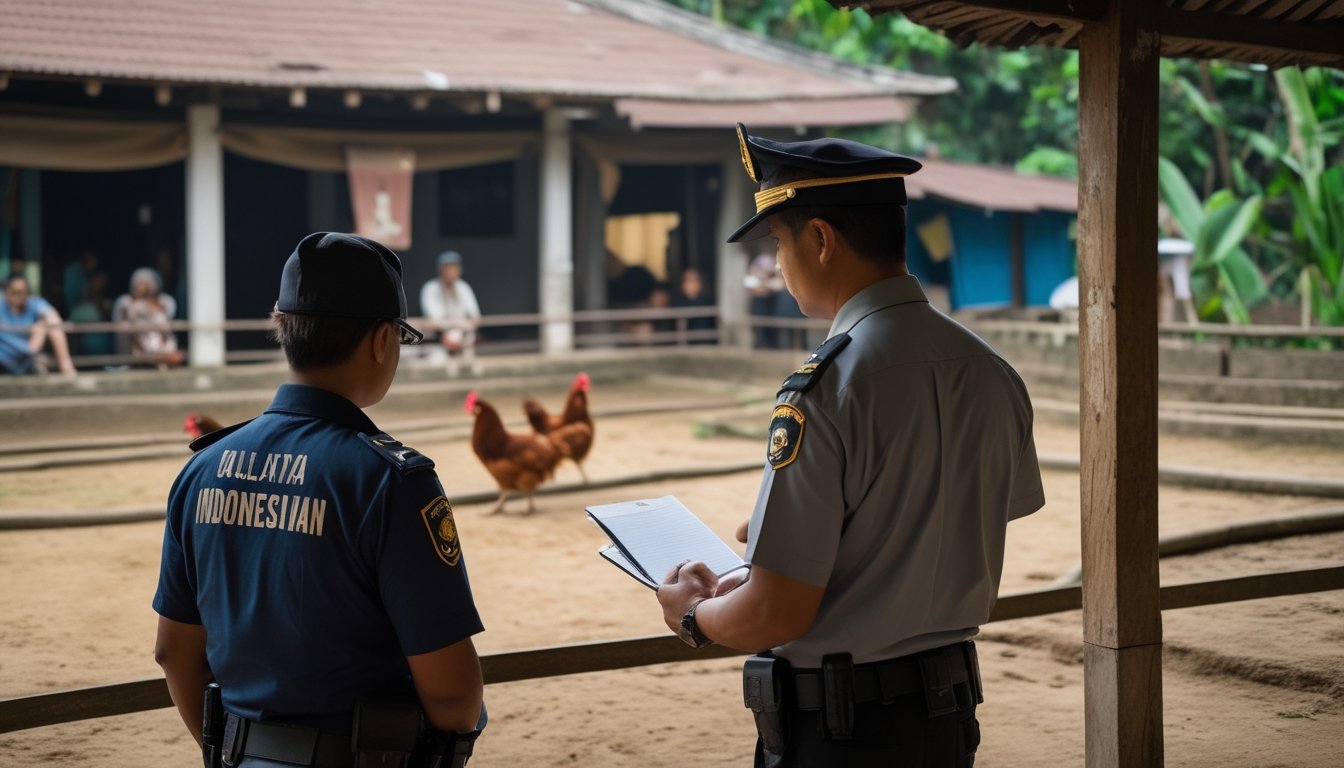 Seorang warga berbicara dengan petugas di dekat arena sabung ayam yang kosong.