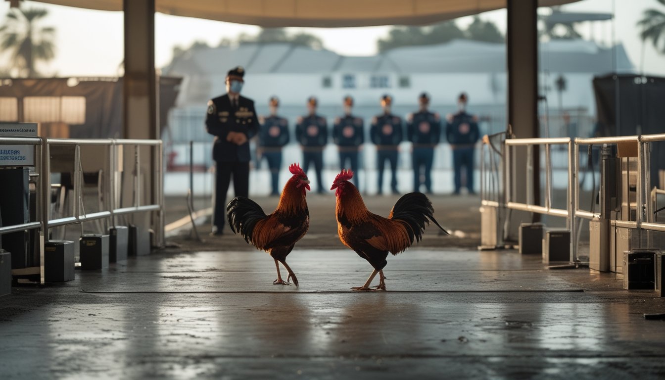 Petugas mengawasi arena sabung ayam yang tertata dengan dua ayam berada di area terpisah.