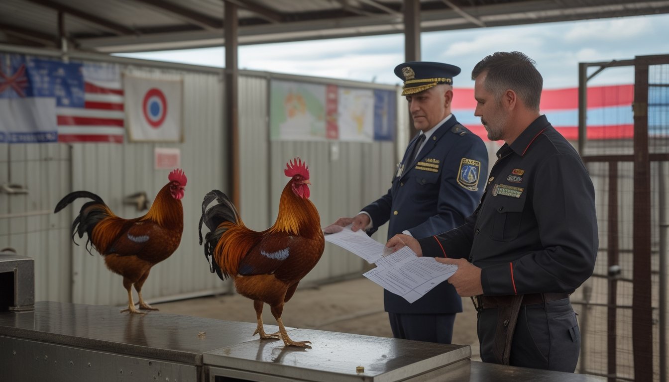 Petugas memeriksa dokumen izin di arena sabung ayam, dengan ayam jantan di kandang terpisah.