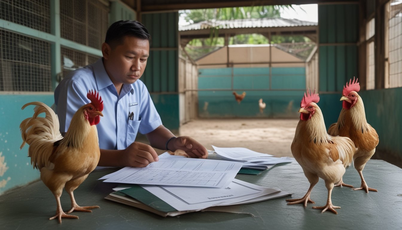 Petugas memeriksa dokumen di dekat arena kosong, sementara dua ayam berada di kandang terpisah.