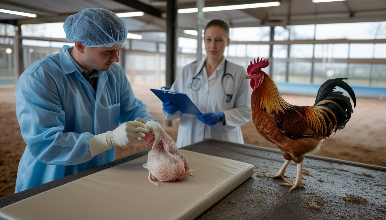 Dokter hewan memeriksa ayam jantan sehat di area perawatan yang bersih.