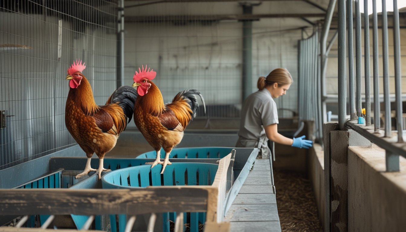Petugas merawat dua ayam jantan di kandang yang bersih dan aman.