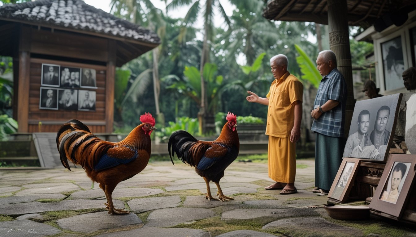 Warga desa mengamati dua ayam jantan di halaman tradisional Indonesia.