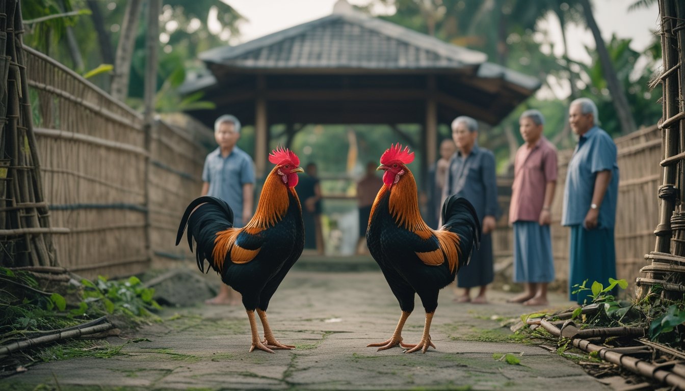 Dua ayam jantan berdiri di halaman desa sementara warga mengamati.