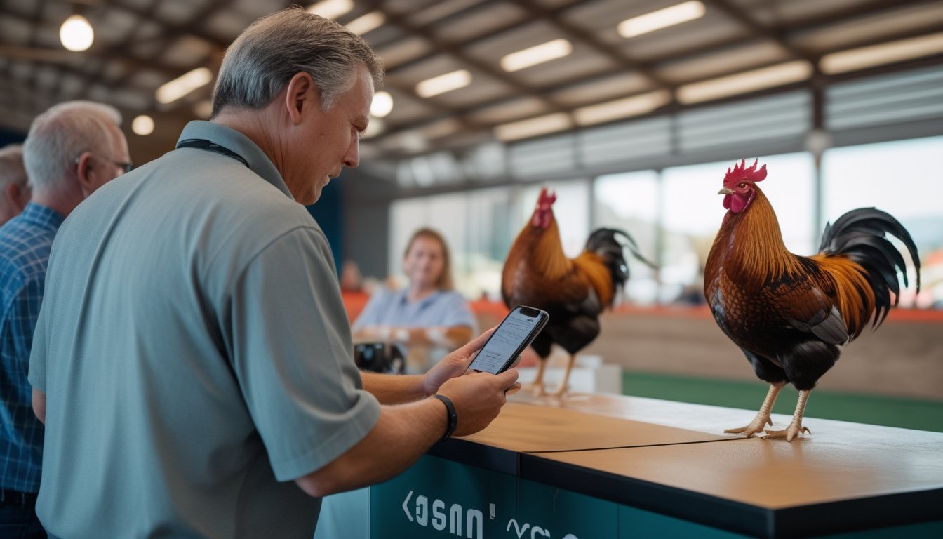 Seorang penonton mendaftar di meja acara sambil memegang ponsel, dengan penonton lain dan ayam jantan di area pertunjukan.
